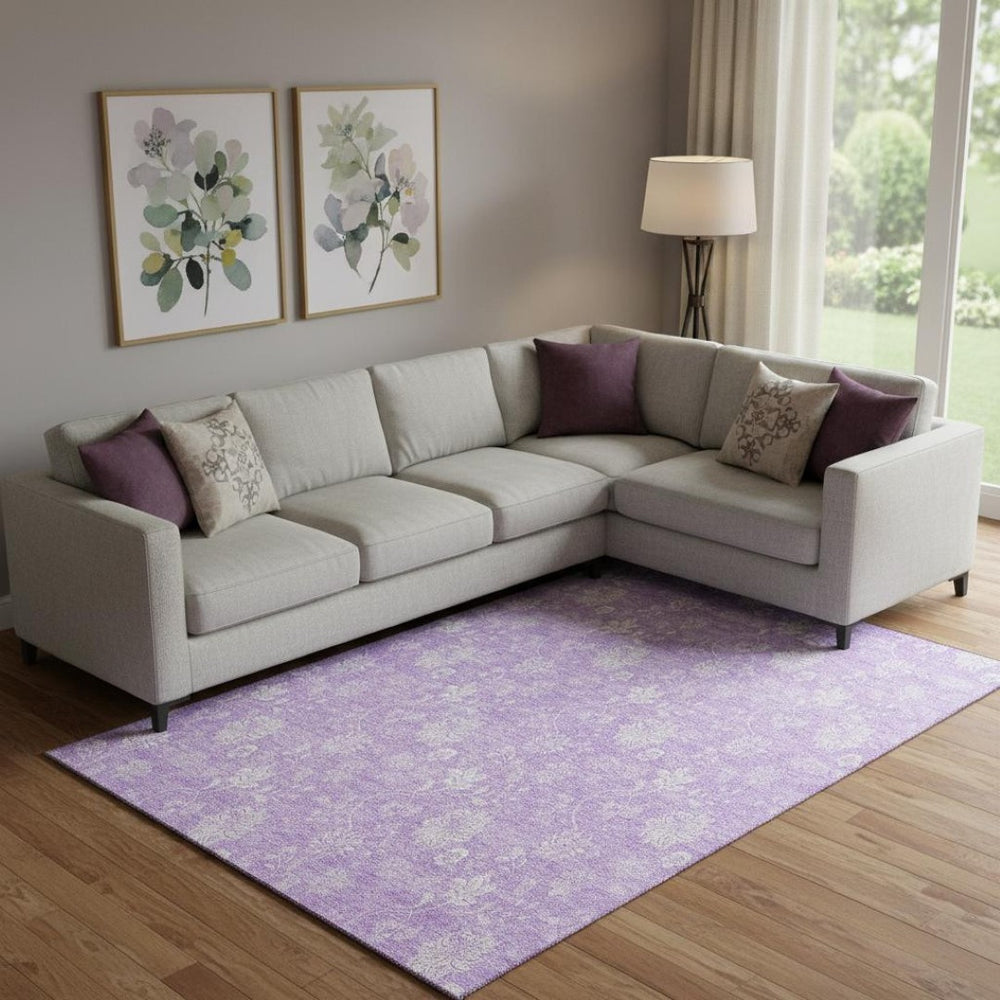HomeRoots 8' X 10' Lilac and Ivory Floral Area Rug - Washable, UV Protected, Stain-Resistant for Homes with Kids 655996