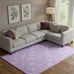 HomeRoots 9' X 12' Elegant Lilac & Ivory Floral Washable Area Rug with UV Protection for Family Homes 655997