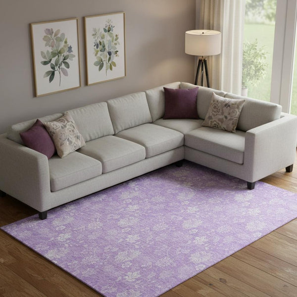 HomeRoots 9' X 12' Elegant Lilac & Ivory Floral Washable Area Rug with UV Protection for Family Homes 655997