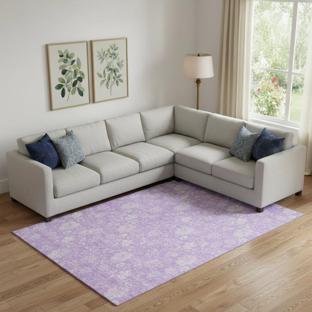 HomeRoots 10' X 14' Lilac & Ivory Floral Area Rug - Durable, Washable, UV-Protected for Homes with Kids & Pets 655998
