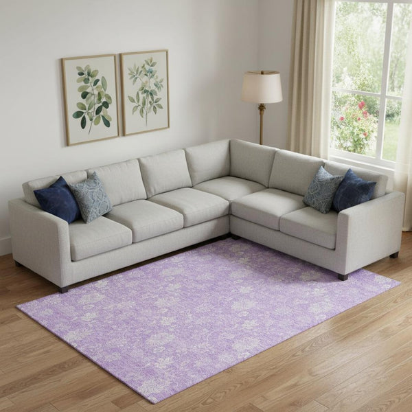 HomeRoots 10' X 14' Lilac & Ivory Floral Area Rug - Durable, Washable, UV-Protected for Homes with Kids & Pets 655998