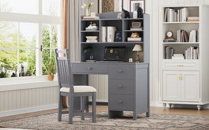 English Elm Vintage 40'' Home Executive Desk Set with Upholstered Chair and Built-In Bookshelf for Stylish Productivity Gray 44 L x 23 W x 13.5 H N733P272894E