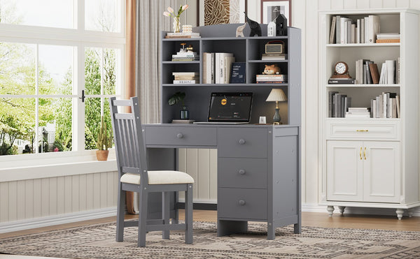 English Elm Vintage 40'' Home Executive Desk Set with Upholstered Chair and Built-In Bookshelf for Stylish Productivity Gray 44 L x 23 W x 13.5 H N733P272894E