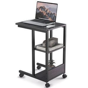 English Elm Shaped End Table with Lockable Wheels and Two-Tier Storage — C-Shape Rolling Side Table for Sofa Black,Oak T3623P409437