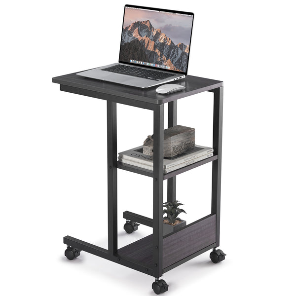 English Elm Shaped End Table with Lockable Wheels and Two-Tier Storage — C-Shape Rolling Side Table for Sofa Black,Oak T3623P409437