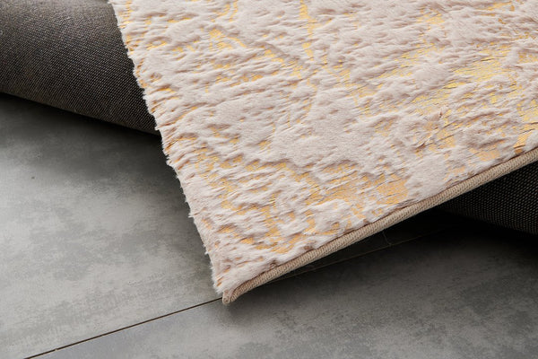 English Elm Luxury Faux Chinchilla Area Rug - Soft Beige With Gold-Gilded Abstract Design, Machine Washable & Durable B030P233666