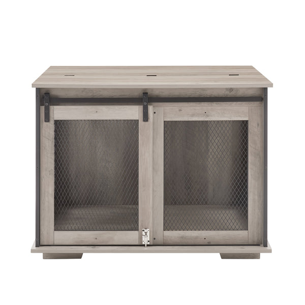 English Elm Farmhouse Dog Cage Crate Furniture with Sliding Barn Door, Secure Metal Latch, Flip-Up Top Access and Removable Divider for Small to Large Dogs (40.94x30.51x6.69) Gray Wash W2275P164727