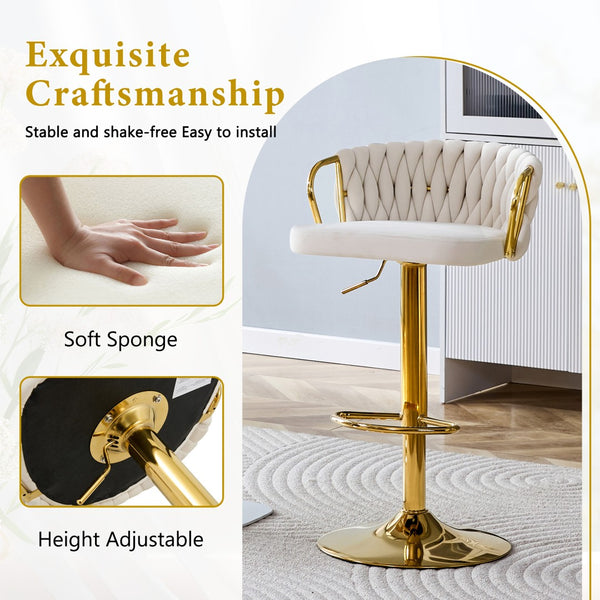 English Elm Set of 2 Velvet Swivel Barstools with Braided Rope Back and Adjustable Pedestal Base Beige,Gold W3875P383938