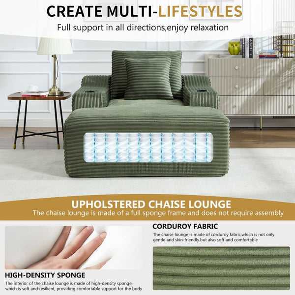 English Elm 67" Corduroy Oversized Chaise Sleeper Sofa Deep Seat Boneless Lounge with Cup Holder Pillows Green W1803P409244