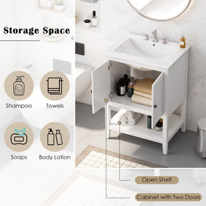 English Elm 24" Morandi White Bathroom Vanity with Ceramic Sink, Solid Wood Frame & Open Shelf, Modern Elegance N725P189823K