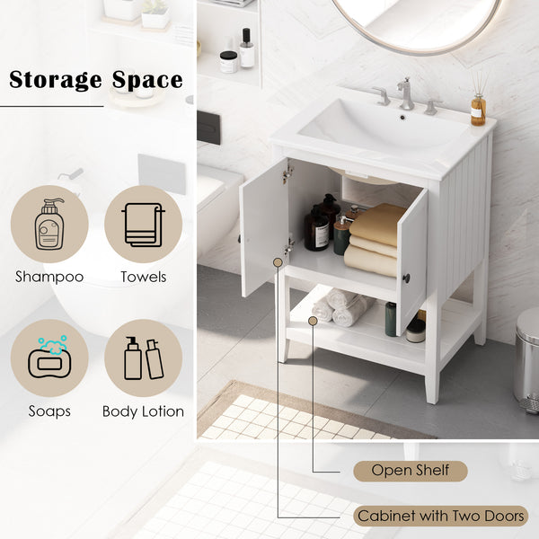 English Elm 24" Morandi White Bathroom Vanity with Ceramic Sink, Solid Wood Frame & Open Shelf, Modern Elegance N725P189823K