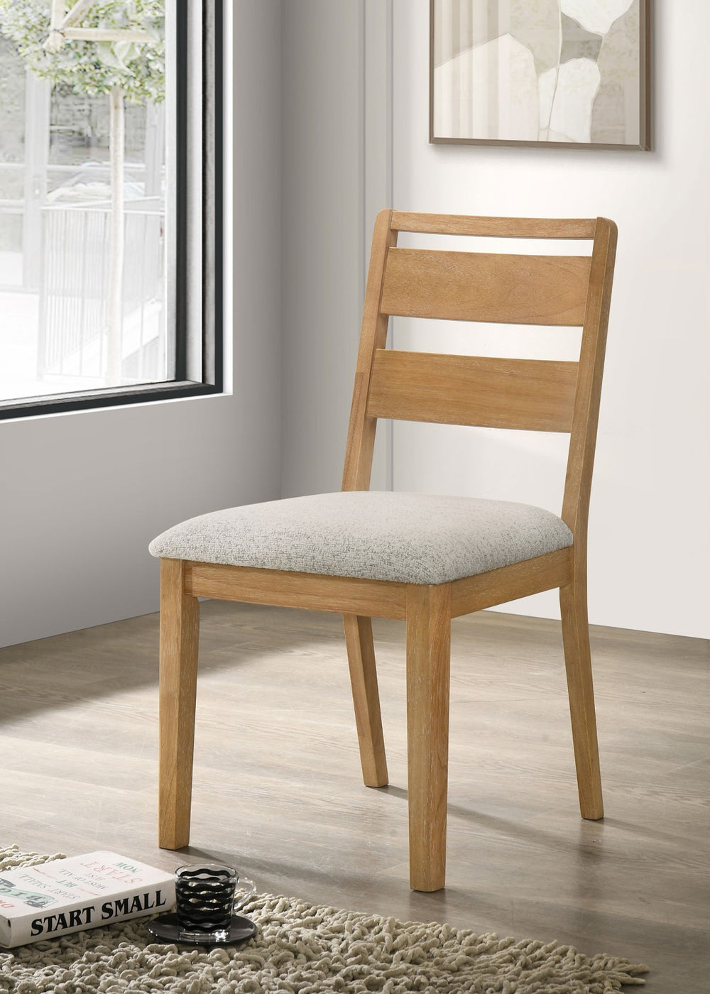 English Elm Set of 2 Ladder Back Dining Chairs Washed Oak Frame Bouclé Cushion Farmhouse B016P453424