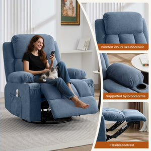 English Elm Swivel Rocker Recliner with Massage Heat and Usb Port for Living Room Comfort W1521P429648