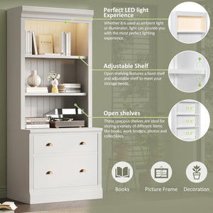 English Elm 83.4"Tall Modern Bookshelf Suite With Led Lighting, Drawers & Open Shelves For Stylish Storage Solutions N751S059420K