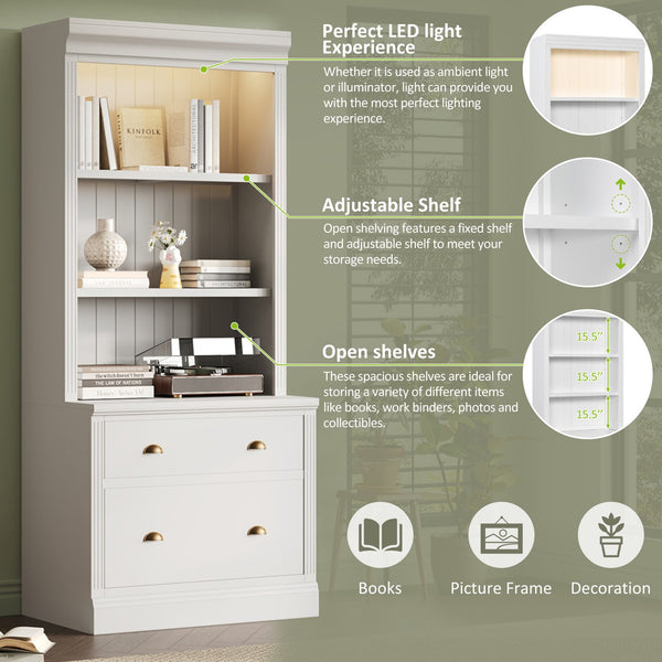 English Elm 83.4"Tall Modern Bookshelf With Led Lighting, 2 Drawers & 3 Adjustable Shelves For Stylish Storage Solutions N751S280594K