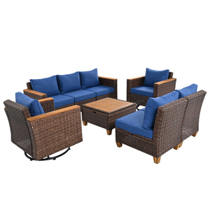 English Elm K&K 8-Piece Wicker Patio Set with 360° Swivel Rockers, Acacia Storage Table, Durable Cushions Blue+Brown N707S000016E