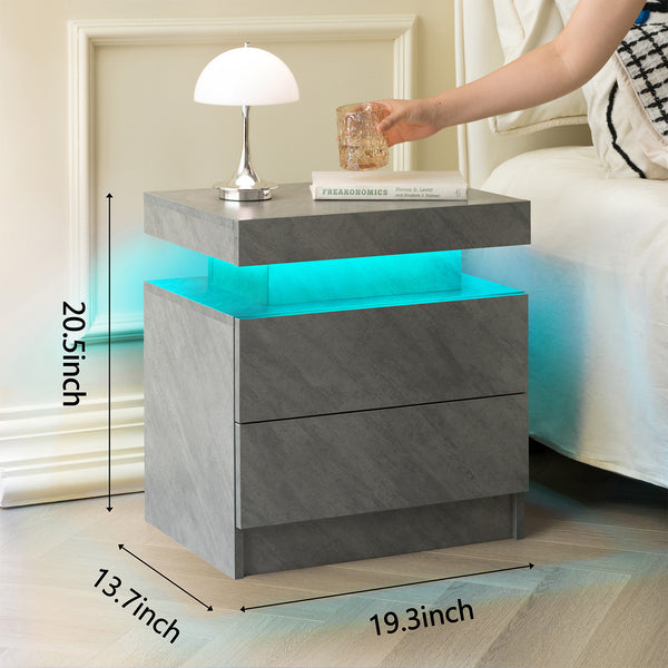 English Elm Nightstand with Multi-Color Adjustable LED Lights and Two Drawers for Bedroom or Living Room Use Gray 23 L x 17 W x 8 H W2178P286717