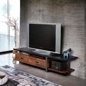 English Elm Walnut 2-Drawer TV Stand 67" with Shelf & Open Compartments, Metal Black Frame, Durable Powder Coat B062P215423