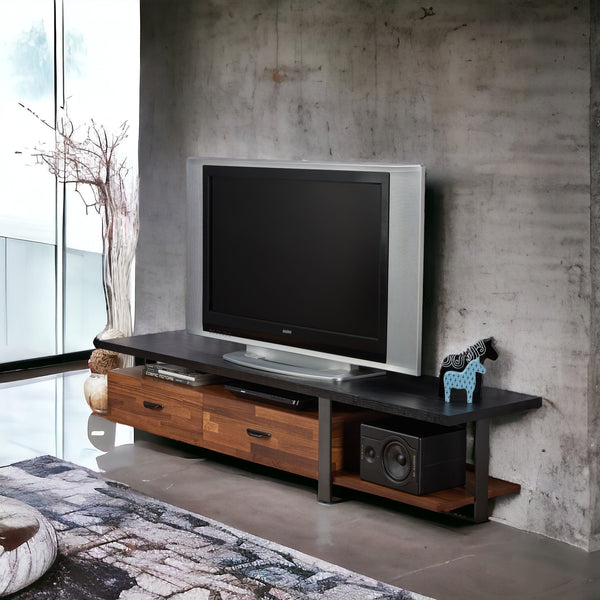English Elm Walnut 2-Drawer TV Stand 67" with Shelf & Open Compartments, Metal Black Frame, Durable Powder Coat B062P215423