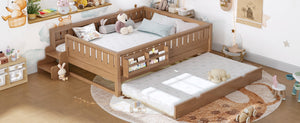 English Elm Queen Bunk Bed with Trundle Solid Pine Kids Car Themed Frame Built-in Bookshelf Natural W1580S00564