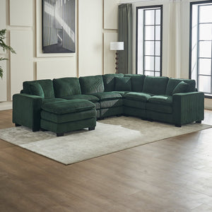 English Elm Modern U Shaped 6-Seat Sectional Sofa with Ottoman and 3 Toss Pillows, Corduroy Modular Comfort and Durable Frame Green W2363S00042
