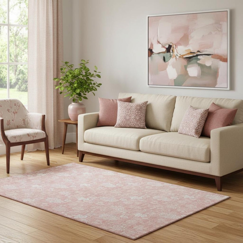 HomeRoots 5' X 8' Pink and Ivory Floral Washable Area Rug - UV Protected, Stain Resistant, Perfect for Families 656000