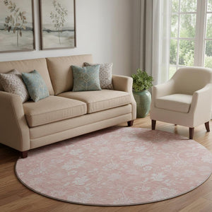 HomeRoots 8' Pink and Ivory Floral Round Rug - Washable, UV-Protected, Durable, Perfect for Family Spaces! 656001