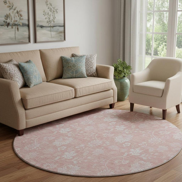 HomeRoots 8' Pink and Ivory Floral Round Rug - Washable, UV-Protected, Durable, Perfect for Family Spaces! 656001