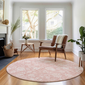 HomeRoots 8' Pink and Ivory Floral Round Rug - Washable, UV-Protected, Durable, Perfect for Family Spaces! 656001