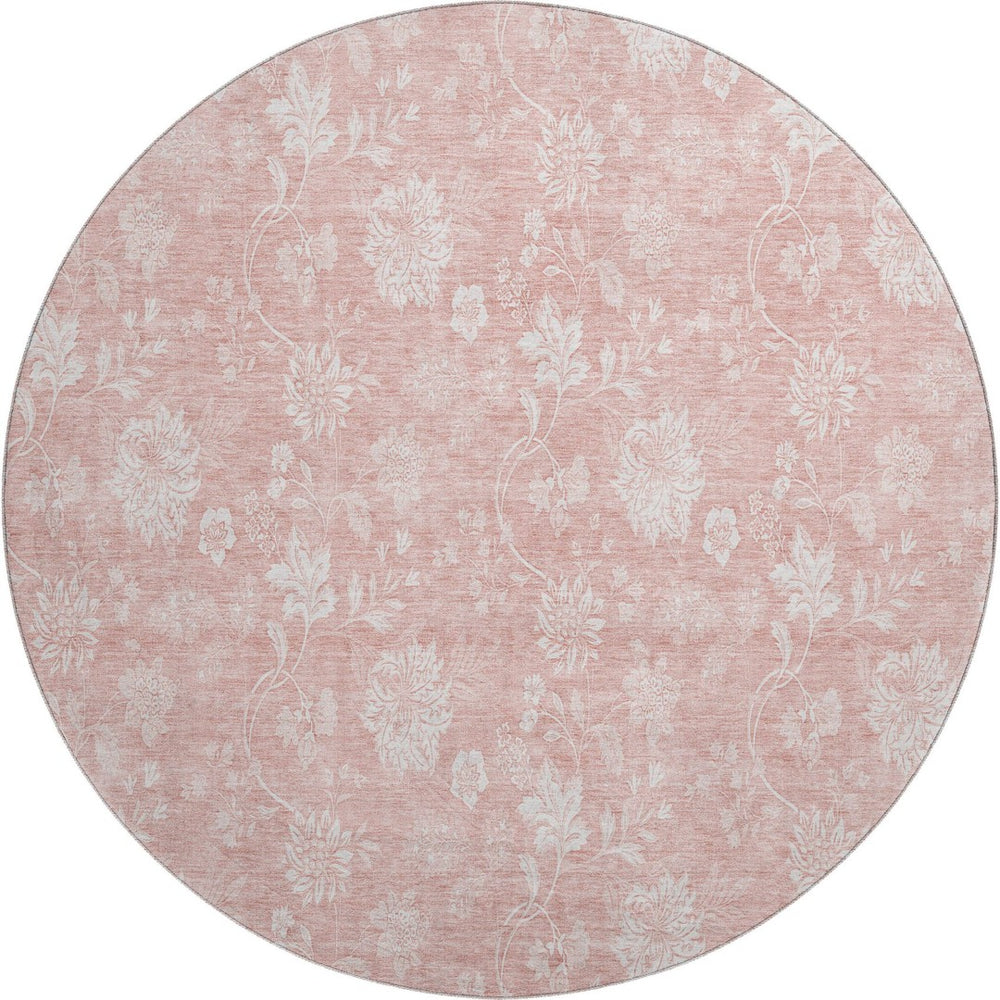 HomeRoots 8' Pink and Ivory Floral Round Rug - Washable, UV-Protected, Durable, Perfect for Family Spaces! 656001
