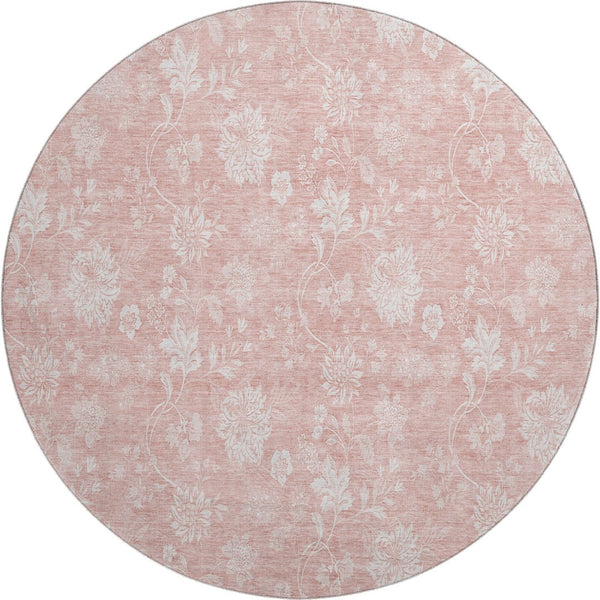 HomeRoots 8' Pink and Ivory Floral Round Rug - Washable, UV-Protected, Durable, Perfect for Family Spaces! 656001