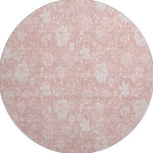 HomeRoots 8' Pink and Ivory Floral Round Rug - Washable, UV-Protected, Durable, Perfect for Family Spaces! 656001