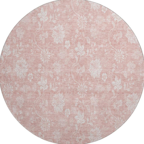 HomeRoots 8' Pink and Ivory Floral Round Rug - Washable, UV-Protected, Durable, Perfect for Family Spaces! 656001