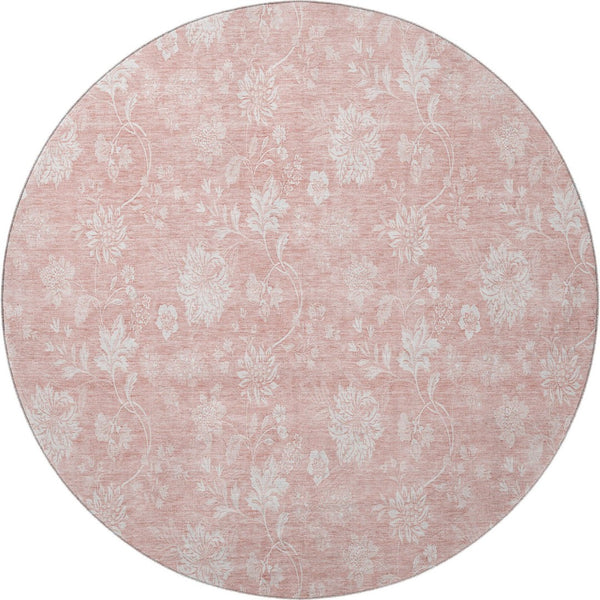 HomeRoots 8' Pink and Ivory Floral Round Rug - Washable, UV-Protected, Durable, Perfect for Family Spaces! 656001