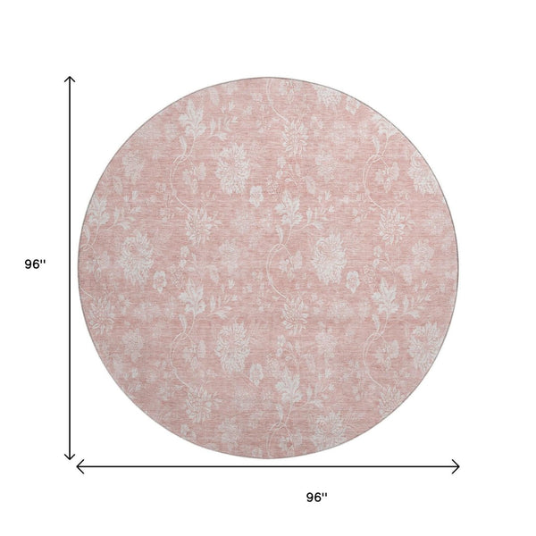 HomeRoots 8' Pink and Ivory Floral Round Rug - Washable, UV-Protected, Durable, Perfect for Family Spaces! 656001