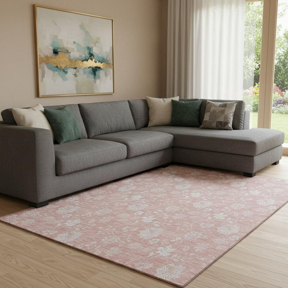 HomeRoots 8' X 10' Floral Area Rug in Pink and Ivory - Washable, UV Protected, Perfect for Homes with Kids & Pets 656002