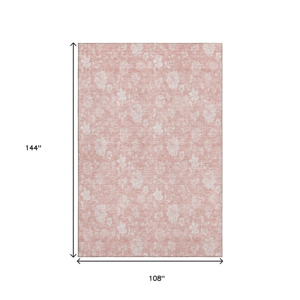HomeRoots 9' X 12' Pink And Ivory Floral Area Rug - Washable, UV-Protected, Durable Style for Homes with Kids 656003