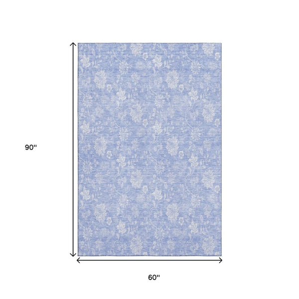 HomeRoots 5' Sky Blue & Ivory Floral Area Rug – Washable, UV-Protected, Durable, Ideal for Any Room Decor 656006