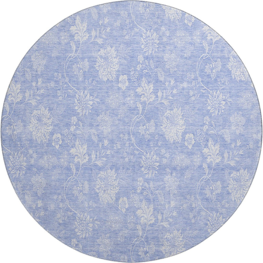 HomeRoots 8' Sky Blue Floral Round Rug – Washable, UV Protected, Stain Resistant for Indoor & Outdoor Use 656007