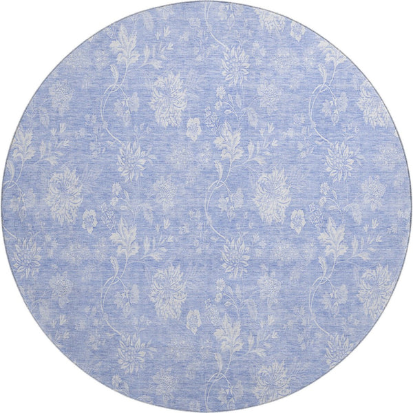 HomeRoots 8' Sky Blue Floral Round Rug – Washable, UV Protected, Stain Resistant for Indoor & Outdoor Use 656007