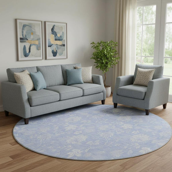 HomeRoots 8' Sky Blue Floral Round Rug – Washable, UV Protected, Stain Resistant for Indoor & Outdoor Use 656007