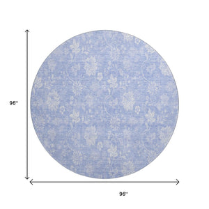 HomeRoots 8' Sky Blue Floral Round Rug – Washable, UV Protected, Stain Resistant for Indoor & Outdoor Use 656007