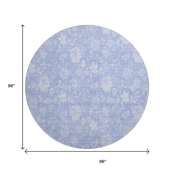 HomeRoots 8' Sky Blue Floral Round Rug – Washable, UV Protected, Stain Resistant for Indoor & Outdoor Use 656007