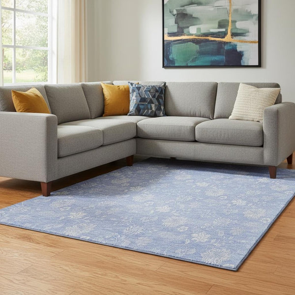 HomeRoots 8' x 10' Sky Blue & Ivory Floral Area Rug – Washable, UV-Protected, Stain-Resistant for Modern Homes 656008