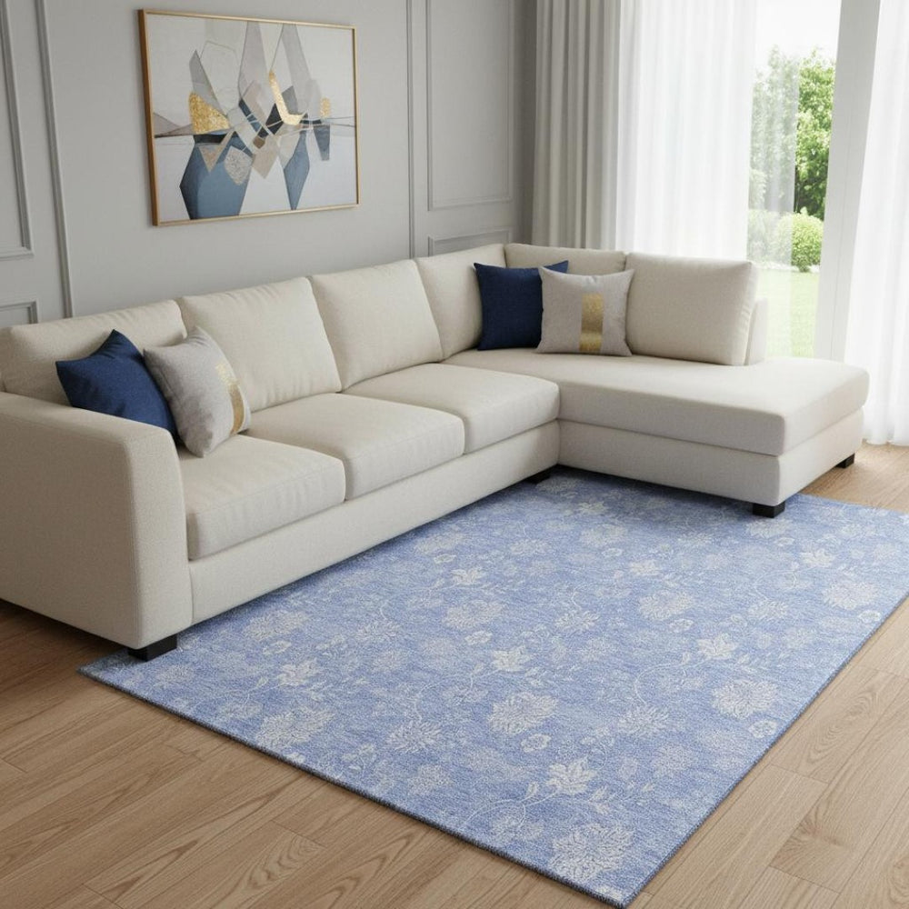 HomeRoots 10' Sky Blue & Ivory Floral Washable Area Rug with UV Protection - Perfect for Homes with Kids & Pets! 656010