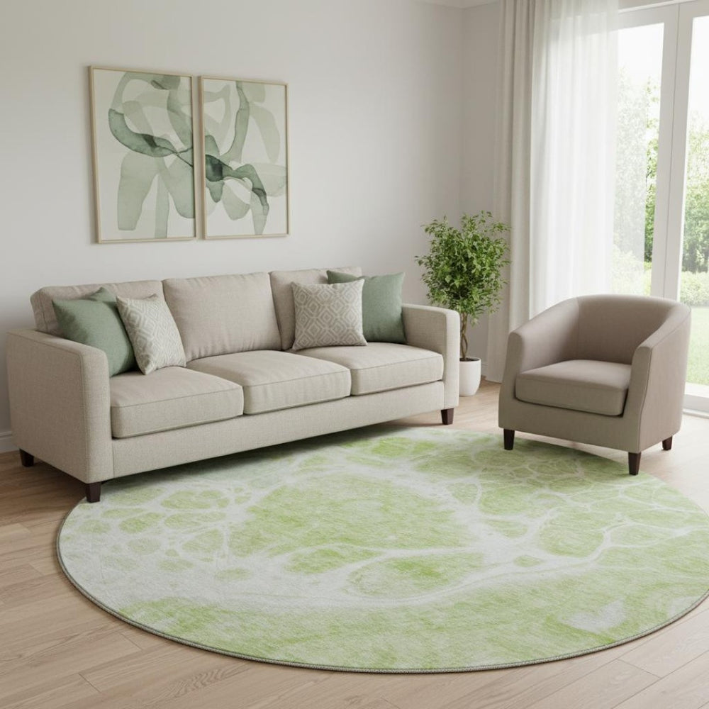 HomeRoots 8' Washable Round Rug in Artichoke Green & Ivory – Modern Abstract, UV Resistant, Durable Design 656013