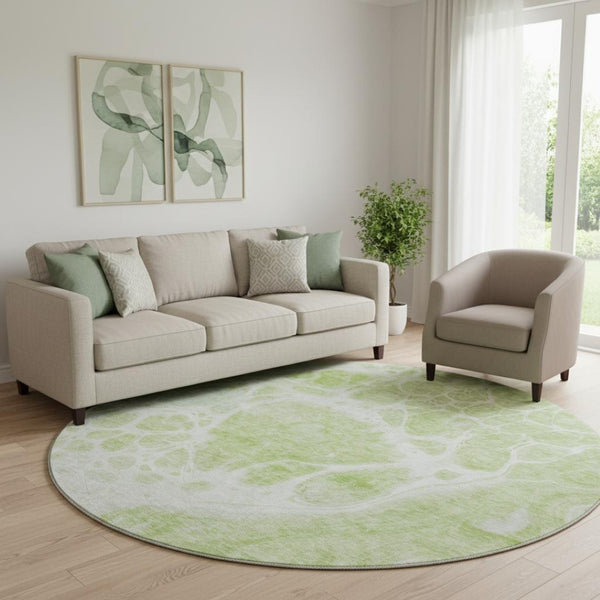 HomeRoots 8' Washable Round Rug in Artichoke Green & Ivory – Modern Abstract, UV Resistant, Durable Design 656013