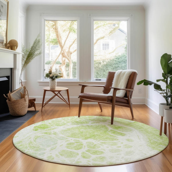 HomeRoots 8' Washable Round Rug in Artichoke Green & Ivory – Modern Abstract, UV Resistant, Durable Design 656013