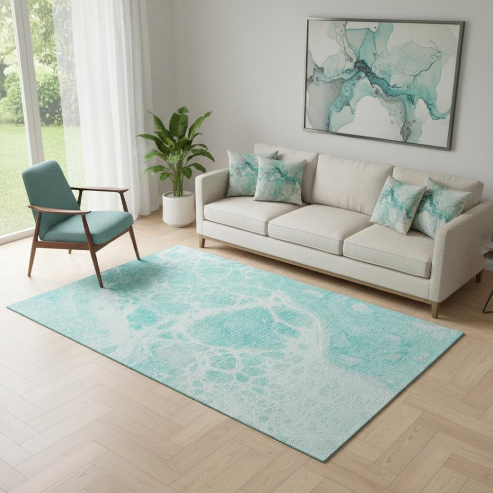HomeRoots 5' X 8' Aqua and Ivory Abstract Area Rug - Stylish, Washable, UV-Protected for High-Traffic Spaces 656018