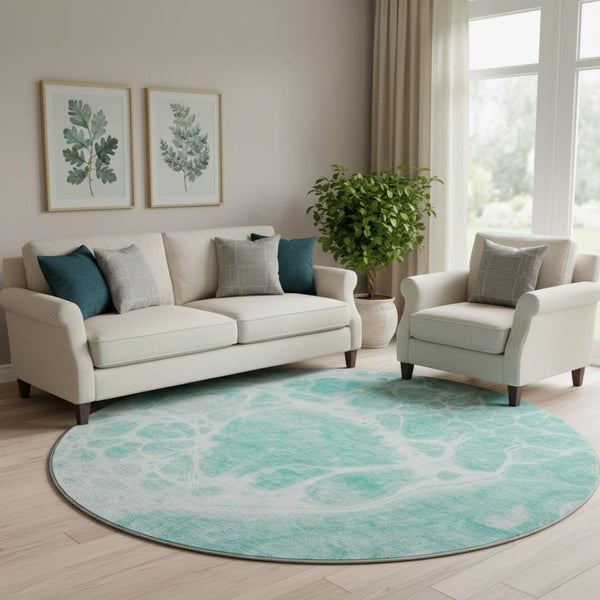 HomeRoots 8' Aqua and Ivory Abstract Round Rug - Washable, Stain Resistant, UV Protected for Indoor/Outdoor Use 656019